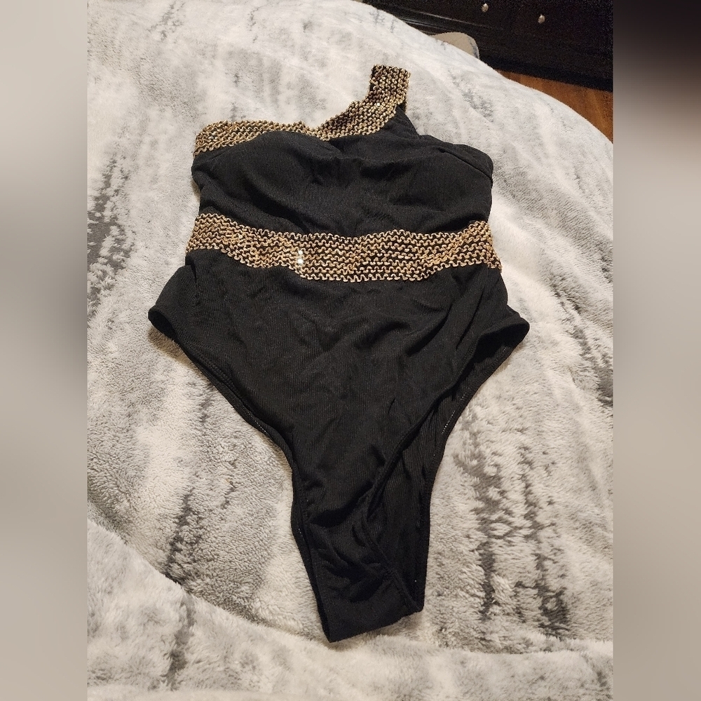 Black One-Shoulder Women's One-Piece Swimsuit with Gold Accent